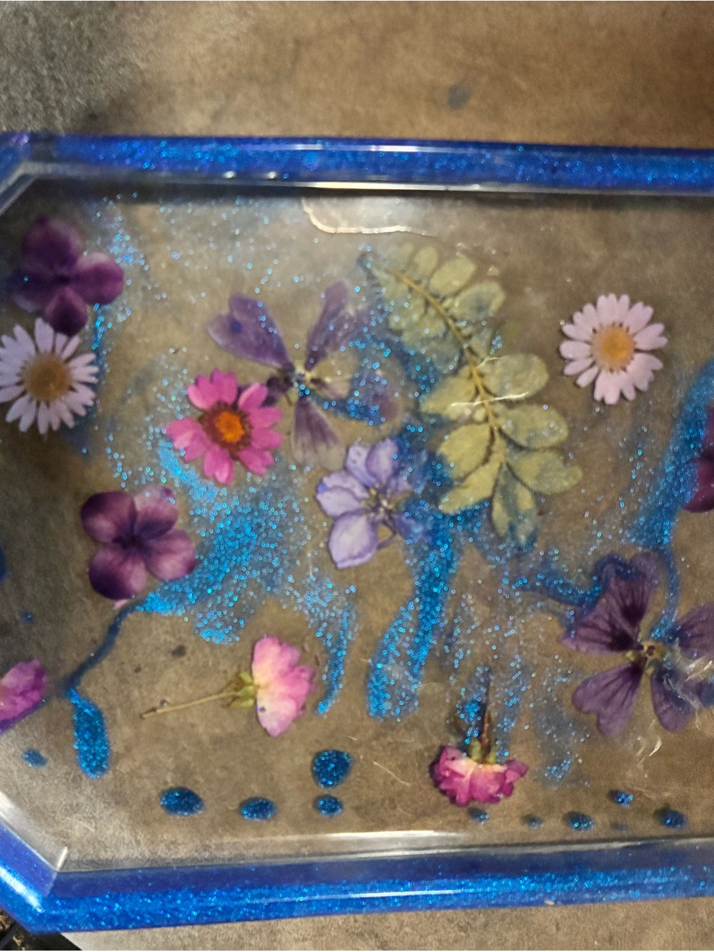 Pressed Flower Resin Tray with Blue Glitter Accent